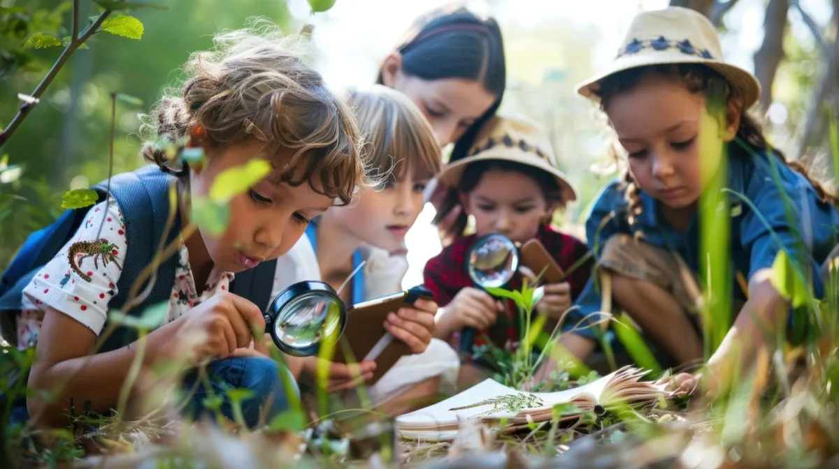 Kinder beobachten Insekten und Blüten in der Natur