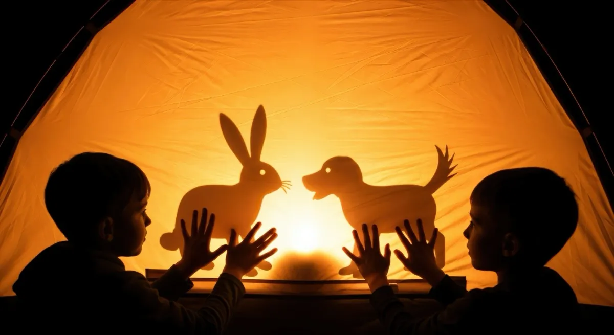 Tierspuren im Schnee und Kinder beim Schattentheater