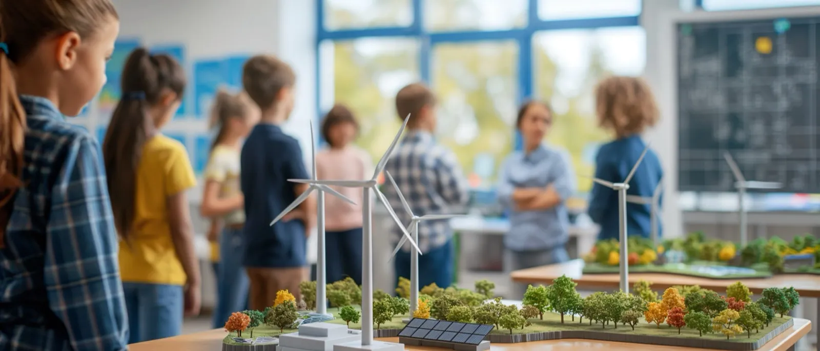 Kinder betrachten Modelle von Windrädern und Solaranlagen im Klassenraum